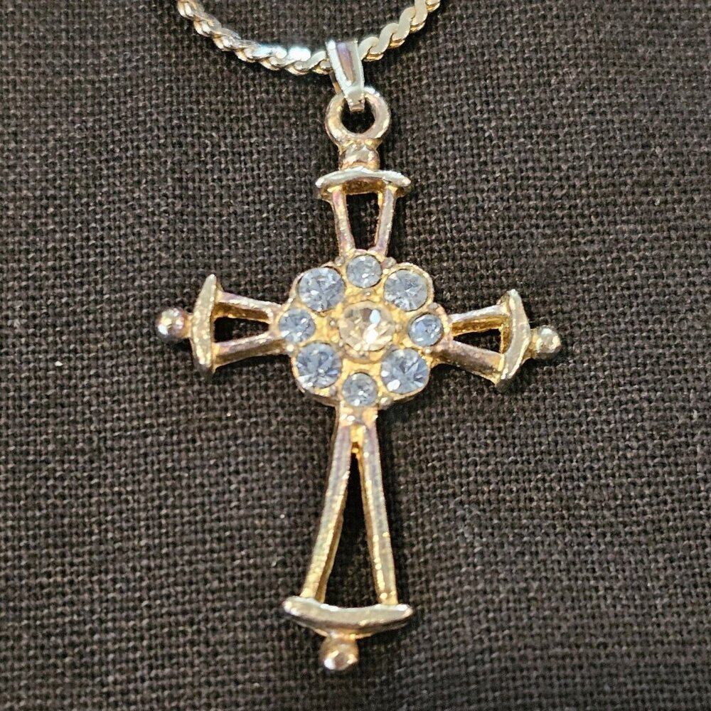 Vintage 90s Silver Tone Jerusalem Celtic Cross Pendant Necklace 18" Blue Stones